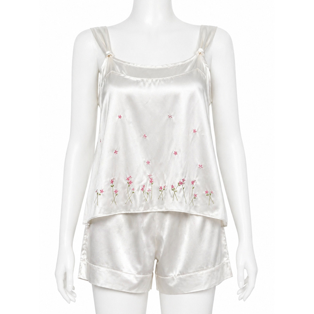 Satin Pajama Set Embroidered Floral Bridal Sleepwear Lounge L PajamaGram